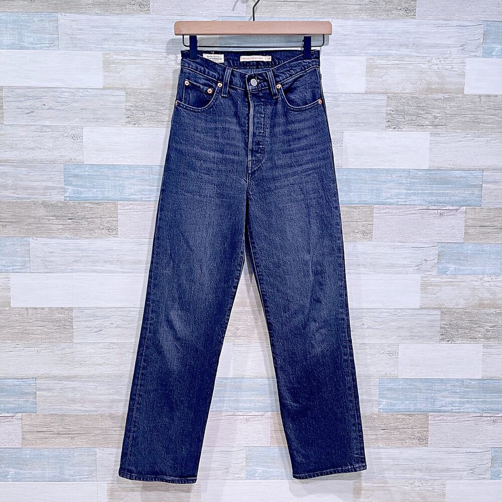 Levis Premium Ribcage Straight Ankle Jeans Black Button Fly High Rise Womens 24